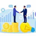 Two businessmen in suits shake hands, one standing on a stack of coins and the other on a light bulb, with financial and business growth icons in the background.