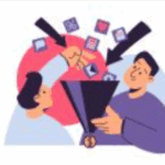 Two people place various digital icons into a large funnel, with one person holding the funnel and the other reaching in.