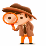 Cartoon detective wearing a brown hat and coat, holding a large magnifying glass up to his face.