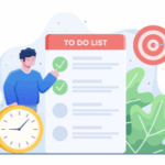 Illustration of a person standing by a large to-do list, a clock, and a target with an arrow, symbolizing productivity and goal achievement.